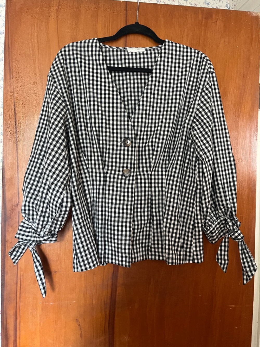 Black & White Gingham Button-Front Tie-Sleeve Blouse